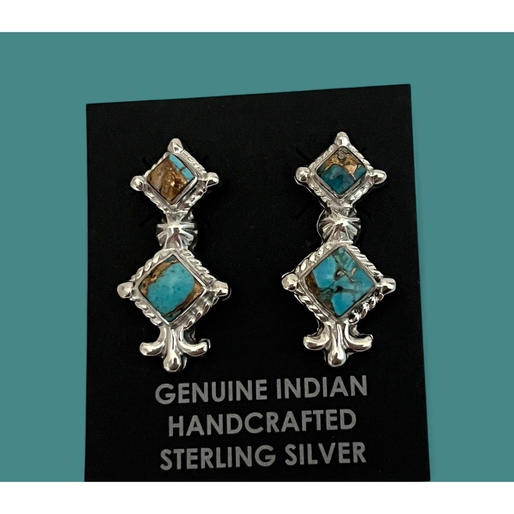 Navajo Native American Sadie Jim Sterling Silver Turquoise Spiny Earrings Post - Picture 3 of 9